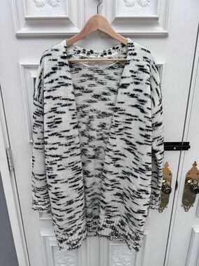 LOFT Black & White Marled Open-Front Cardigan - MEDIUM